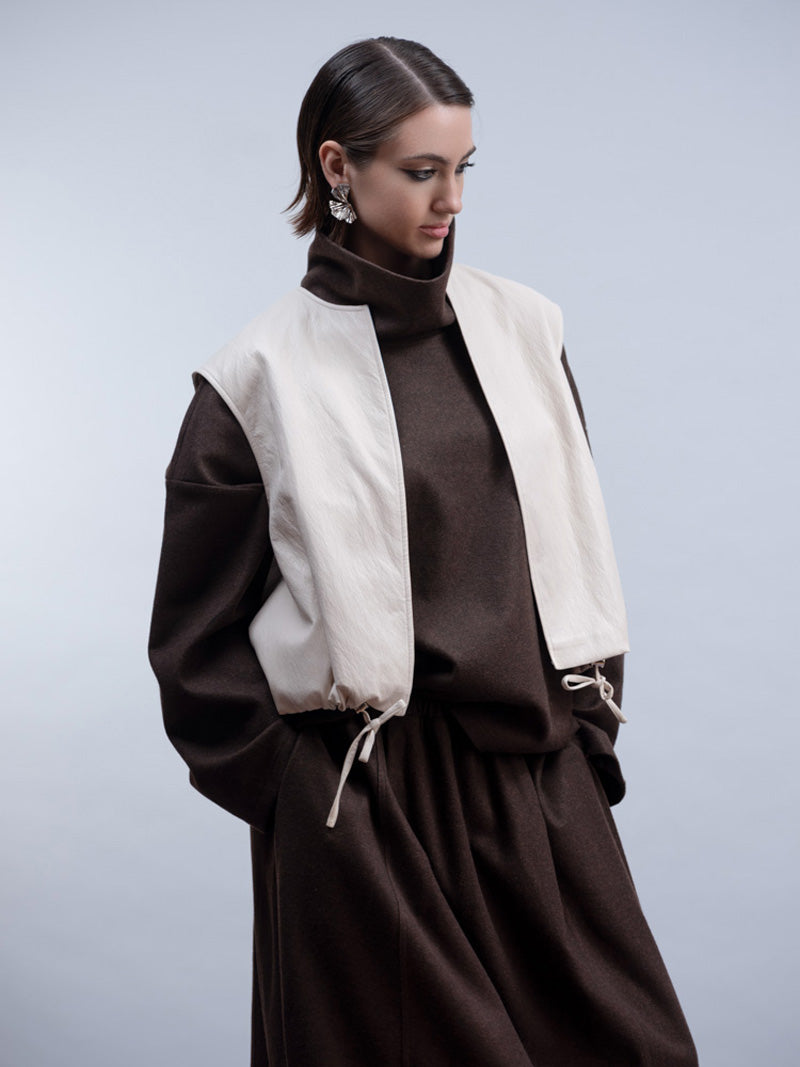 HAAKO Faux Leather Puffball Gilet-Chocolate