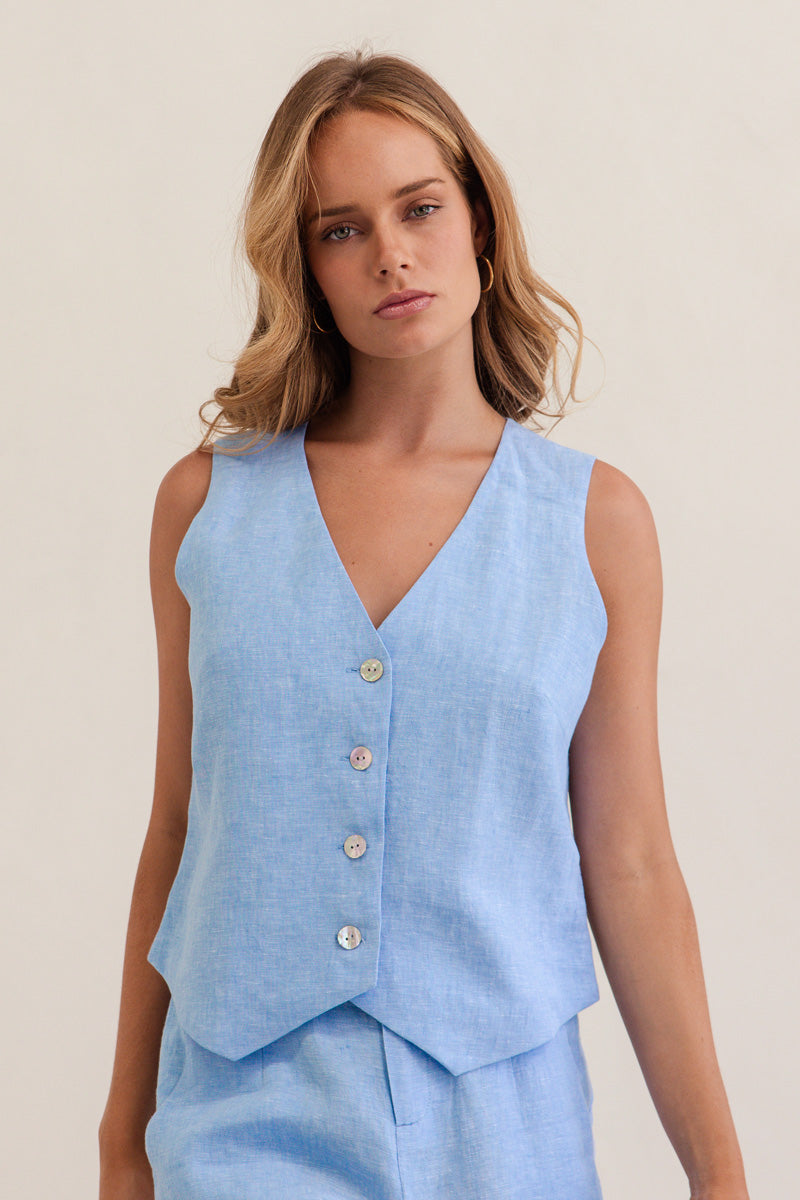 SEESAW Linen Button Front Waistcoat Top Chambray