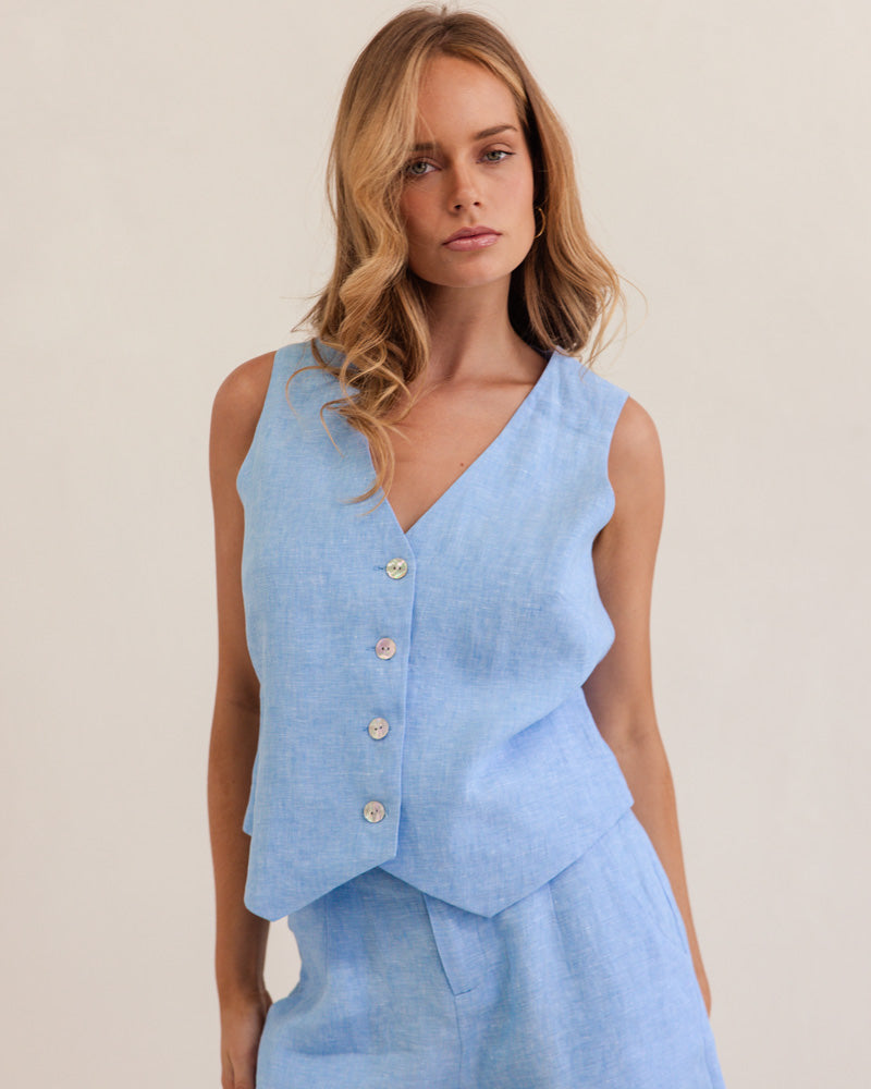 SEESAW Linen Button Front Waistcoat Top Chambray
