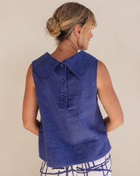 SEESAW Linen Button Back Cowl Top Denim