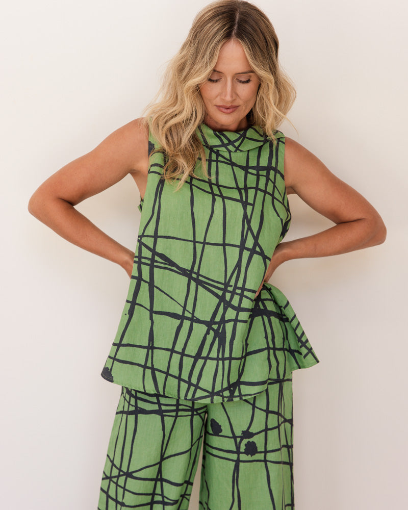 SEESAW Linen Button Back Cowl Top Pistachio/Charcoal