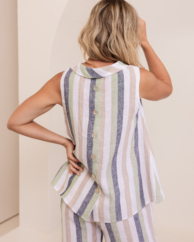 SEESAW Linen Cowl Neck Striped Top Pistachio/Charcoal