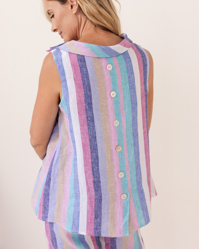 SEESAW Linen Cowl Neck Striped Top Denim/Pink
