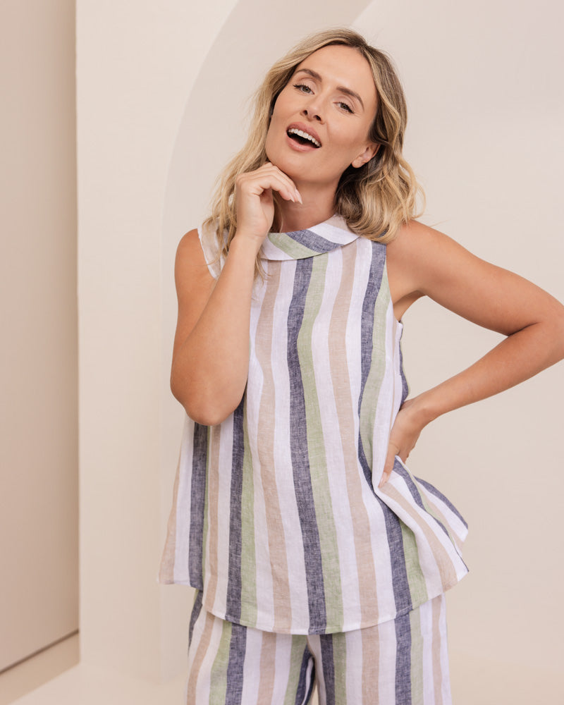 SEESAW Linen Cowl Neck Striped Top Pistachio/Charcoal