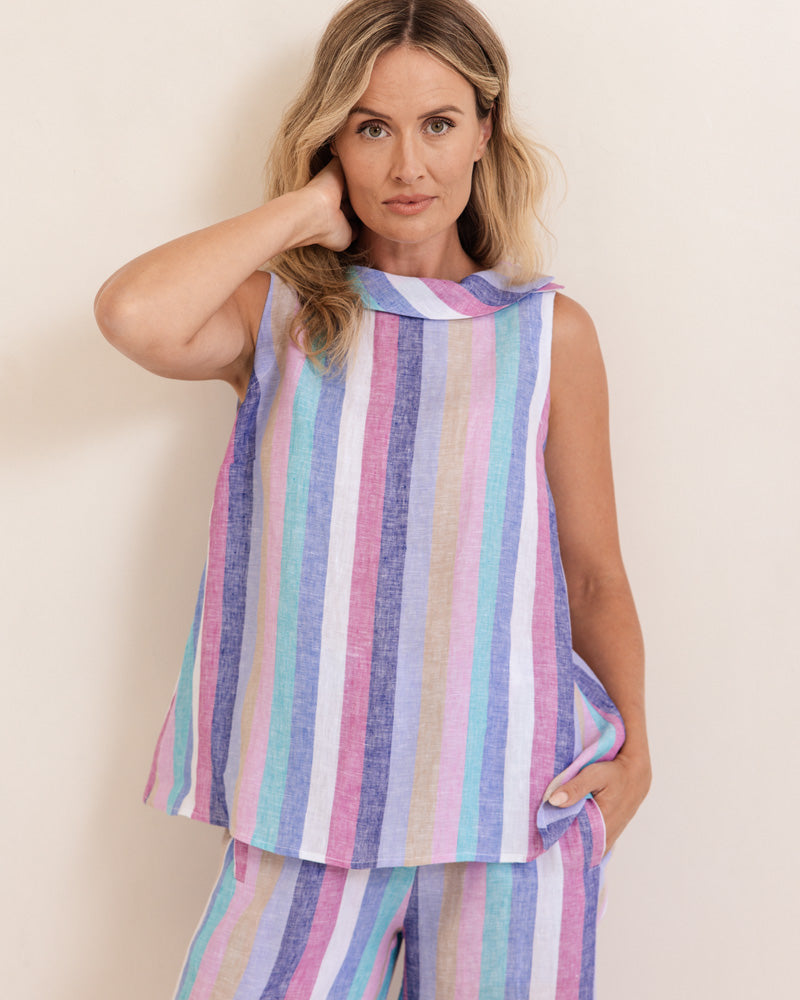 SEESAW Linen Cowl Neck Striped Top Denim/Pink