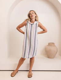 SEESAW Linen Cowl Neck Striped Dress Pistachio/Charcoal