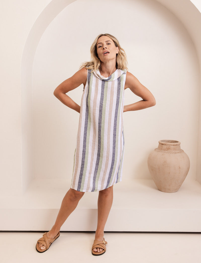 SEESAW Linen Cowl Neck Striped Dress Pistachio/Charcoal