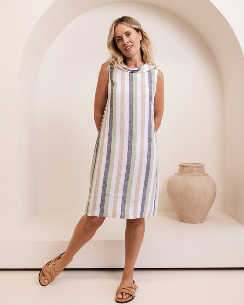 SEESAW Linen Cowl Neck Striped Dress Pistachio/Charcoal