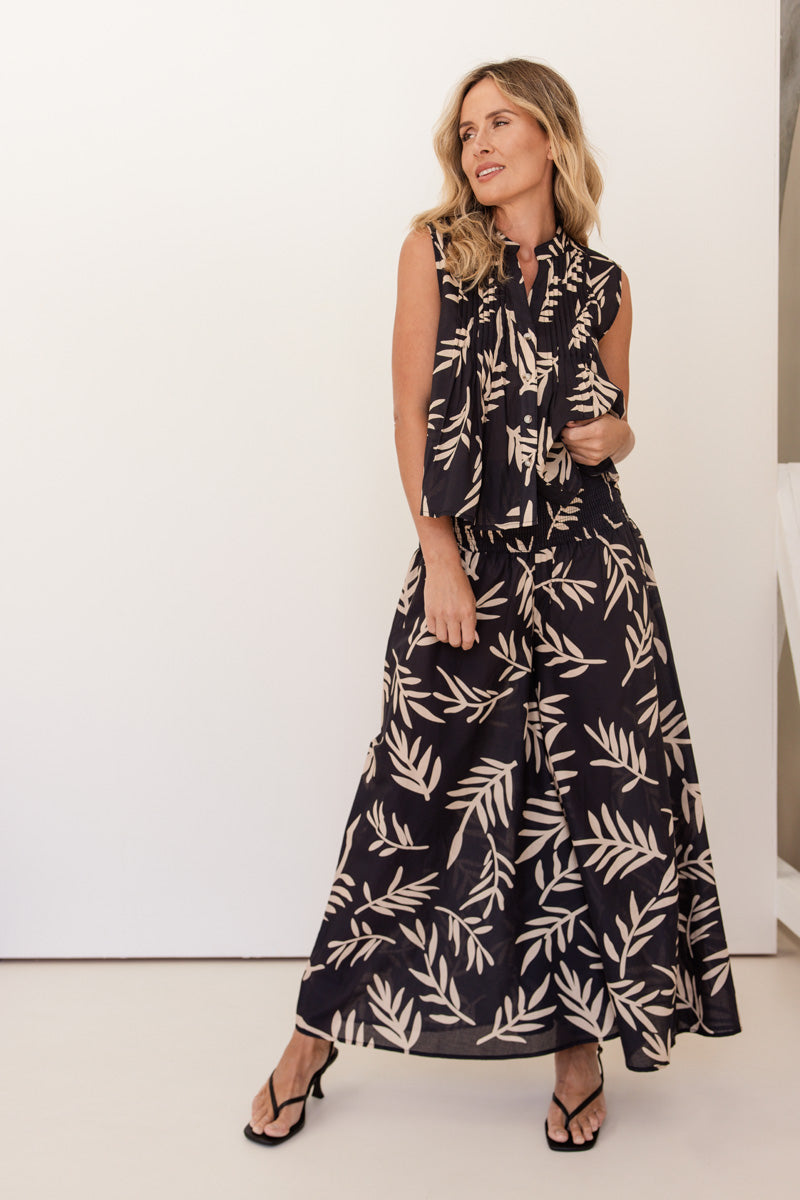 SEESAW Cotton Leaf Print Top Black/Stone