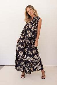 SEESAW Cotton Leaf Print Top Black/Stone