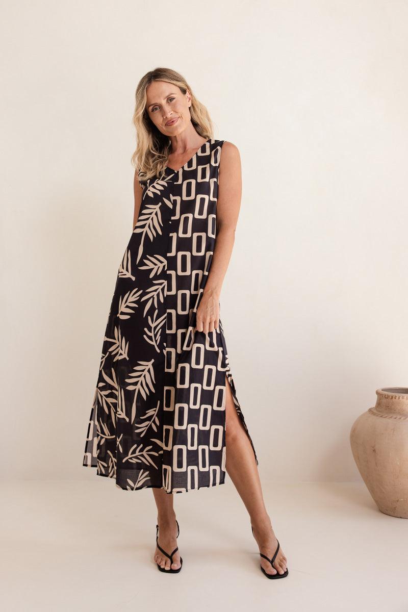 SEESAW Cotton Leaf Print Dress Black/Stone
