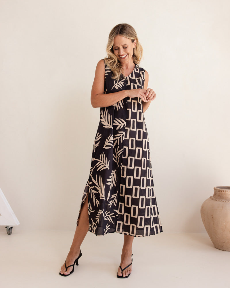 SEESAW Cotton Leaf Print Dress Black/Stone