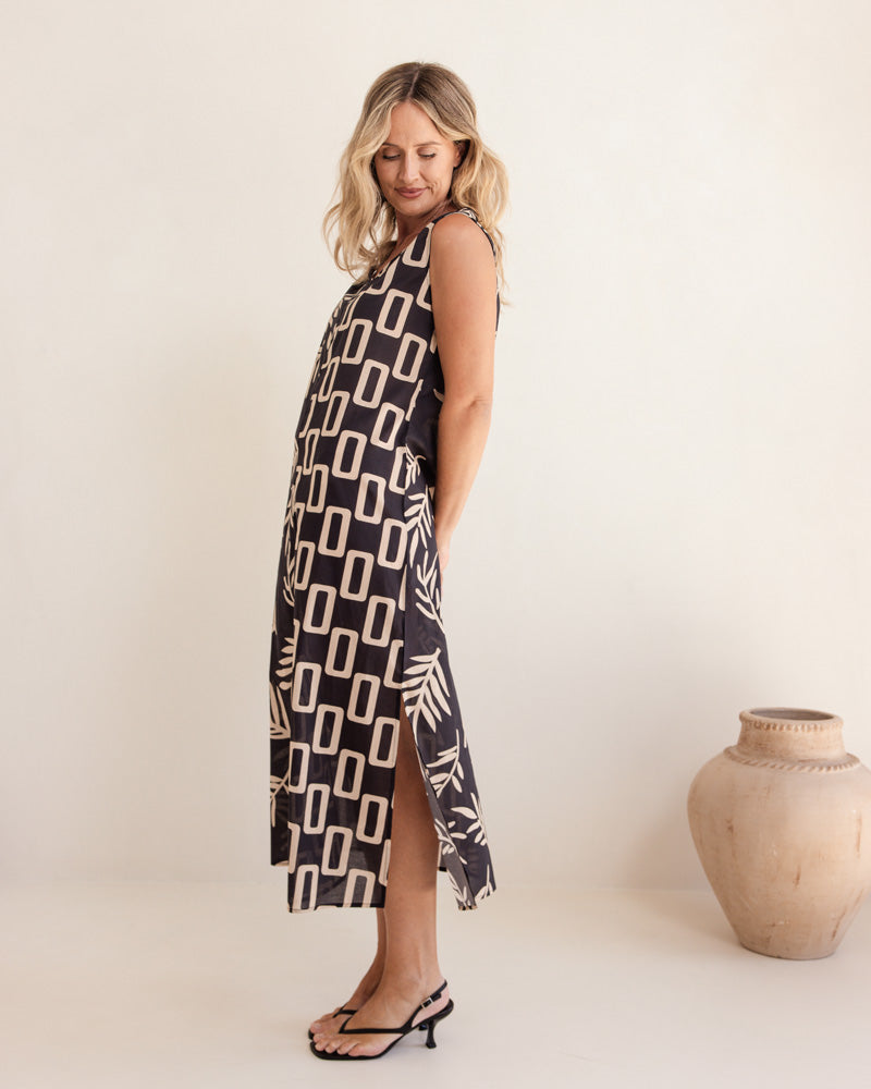 SEESAW Cotton Leaf Print Dress Black/Stone