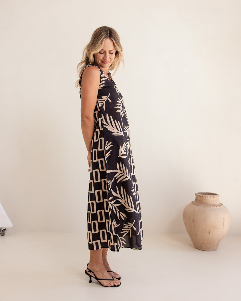 SEESAW Cotton Leaf Print Dress Black/Stone