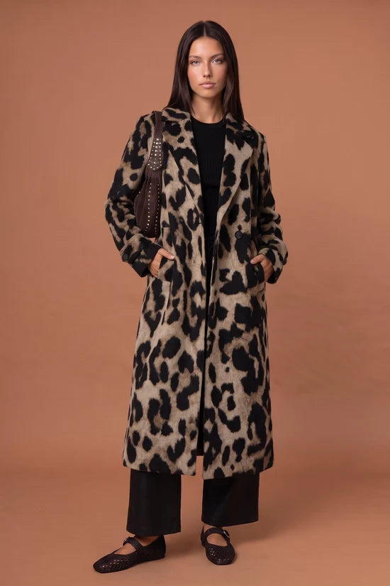 Leopard Print Long Coat Black/Stone