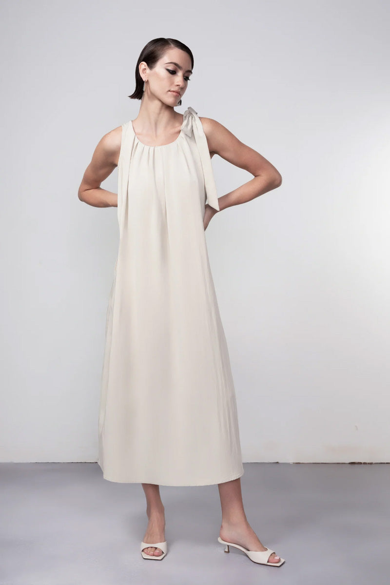 HAAKO Sleeveless Midi Dress Tie Shoulder-Sand