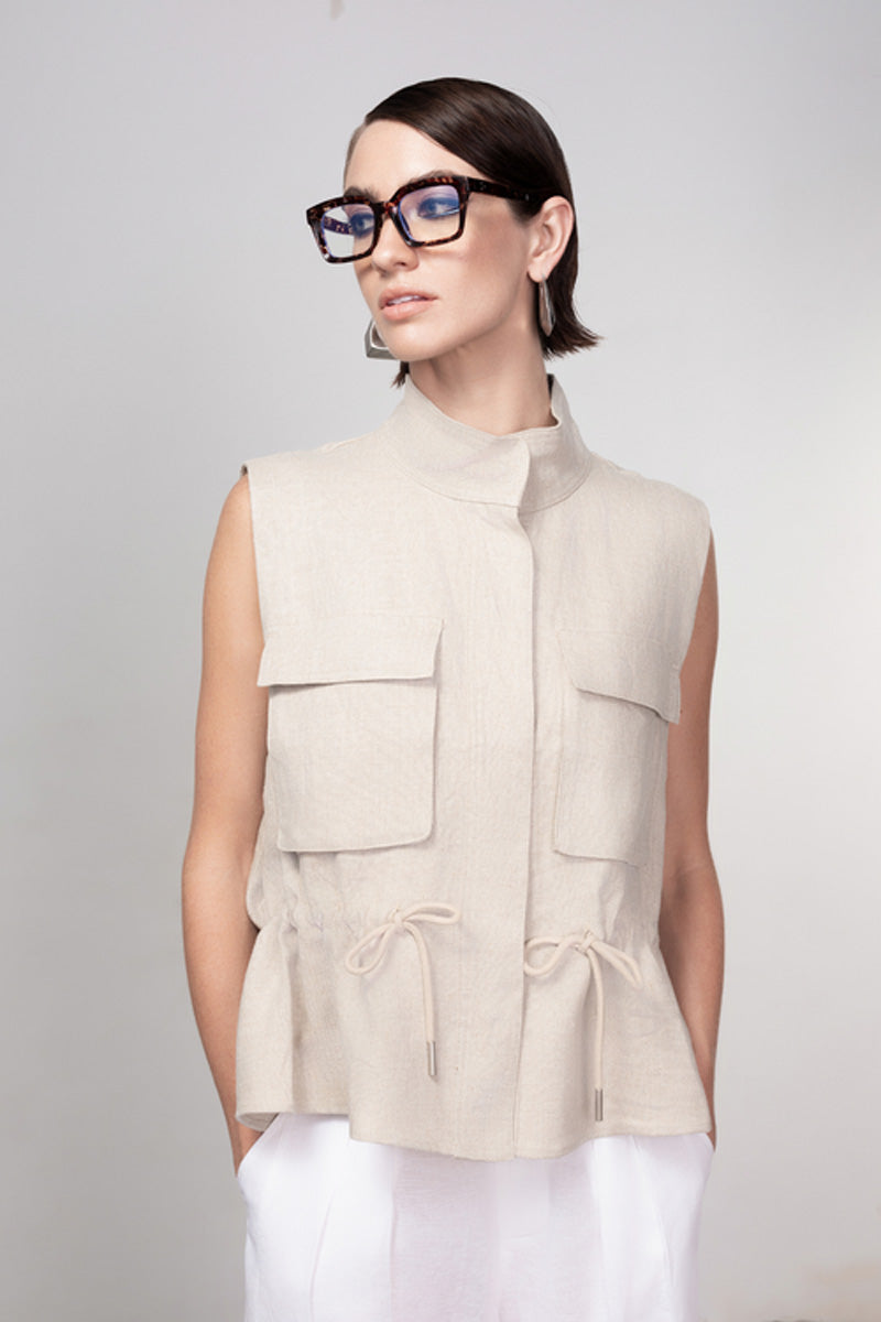 HAAKO Sleeveless Linen Utility Jacket - Sand