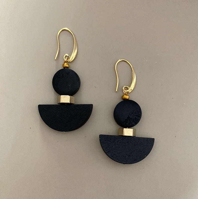 GIST Painted Wood & Hematite Drop Earrings Black/Gold