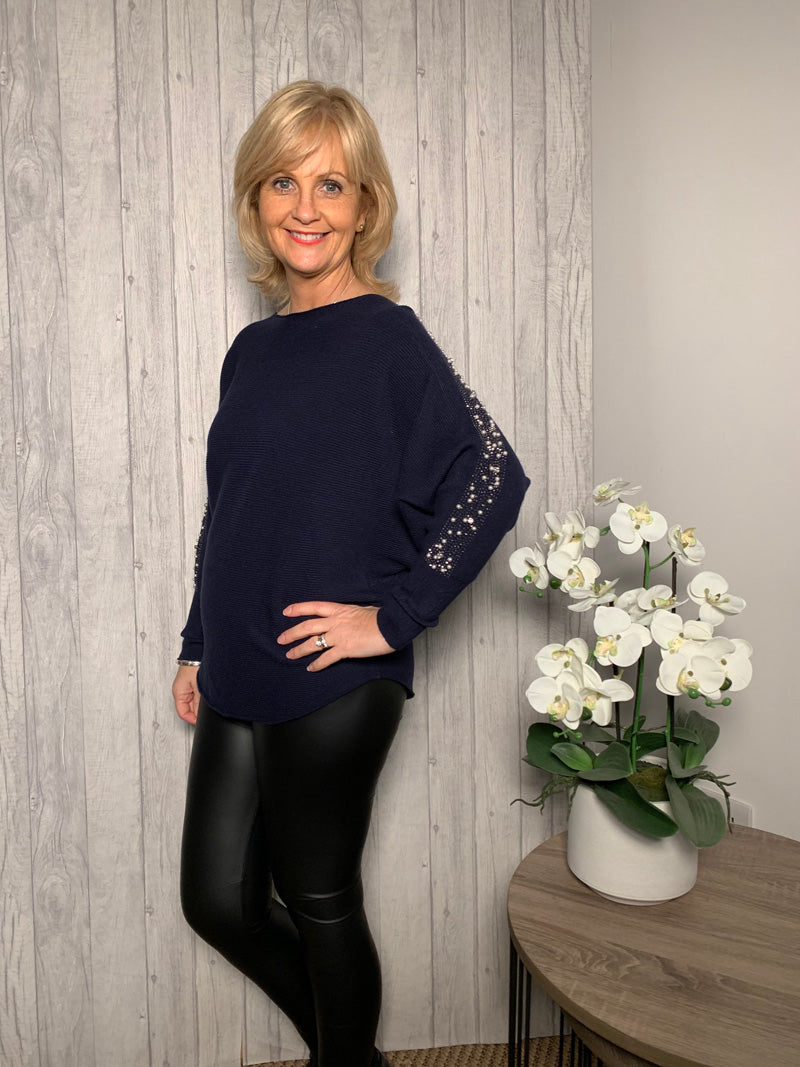 Crystal Pearl Batwing Sweater Navy