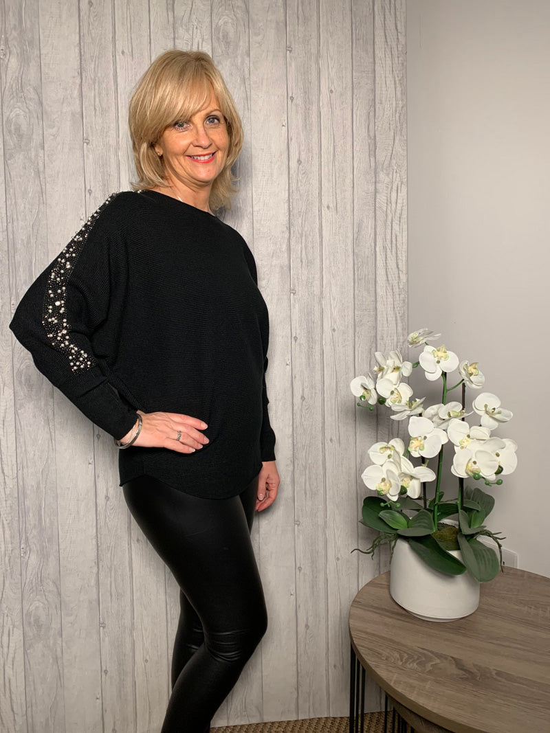 Crystal Pearl Batwing Sweater Black